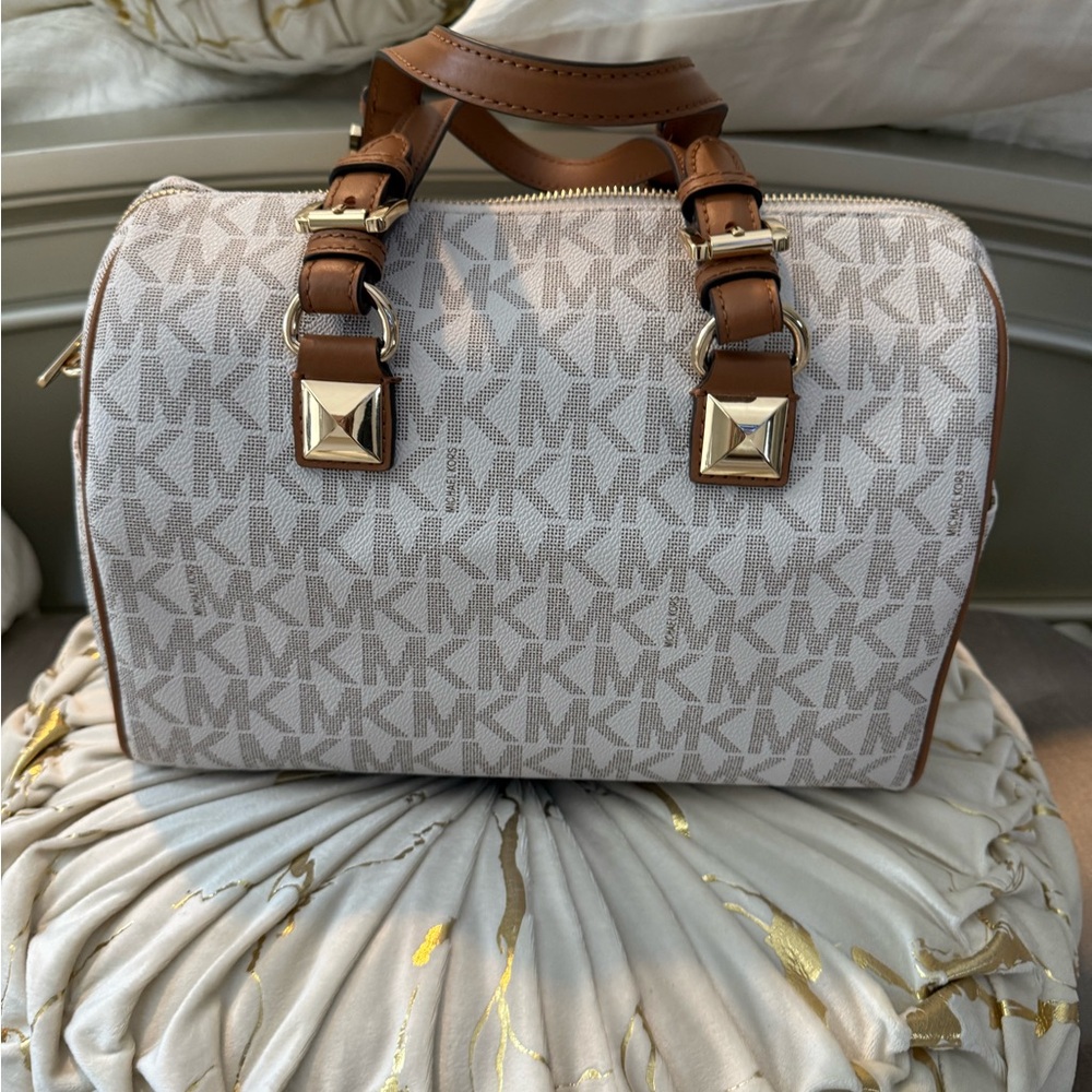Michael Kors Cream Signature Satchel with Brown Trim